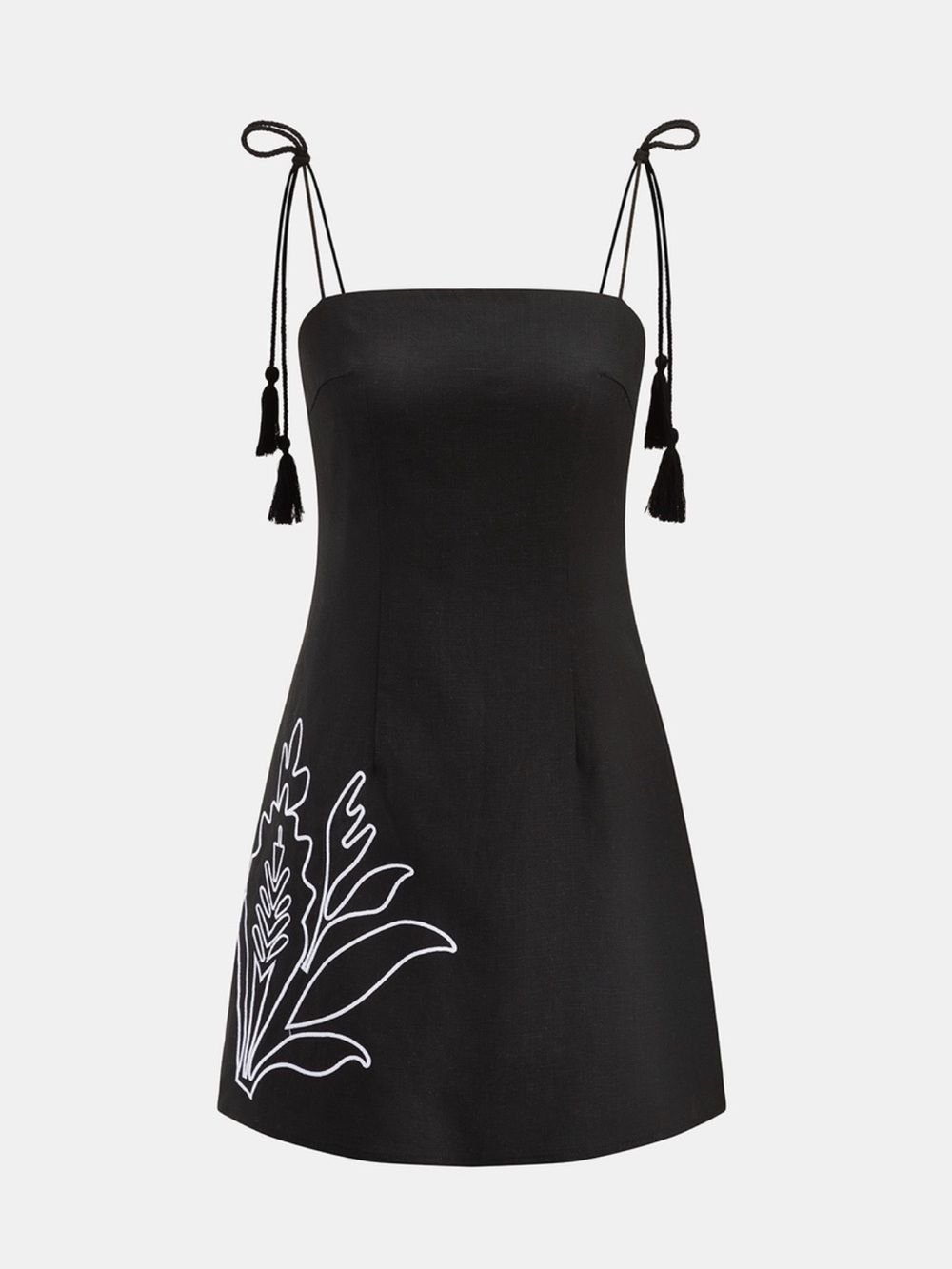 Commense Black Mini Dress with White Botanical Stitching